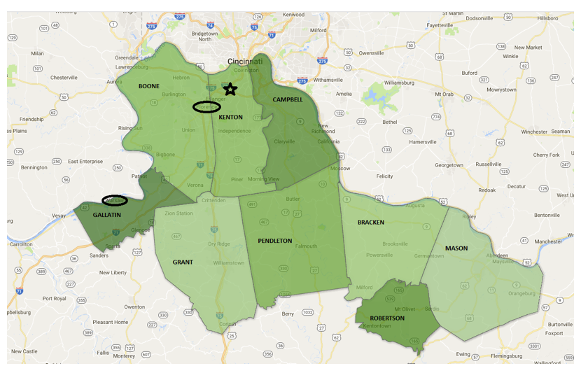 Map of Boone, Kenton, Campbell, Gallatin, Grant, Pendleton, Mason, Bracken, and Robertson Counties in Northern Kentucky