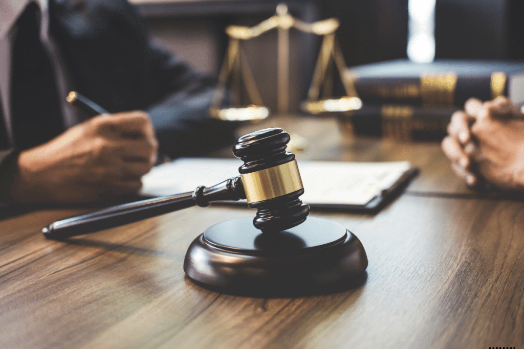 A lawyer discussing with a client and a gavel on the table