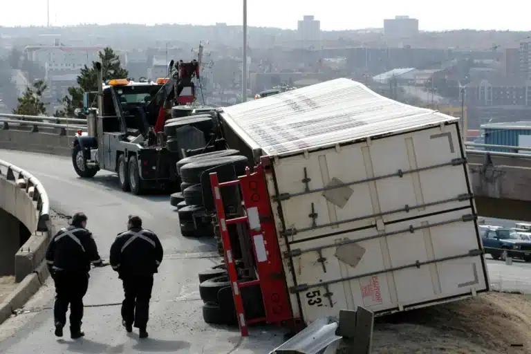 a fallen accident truck being towed by another truck