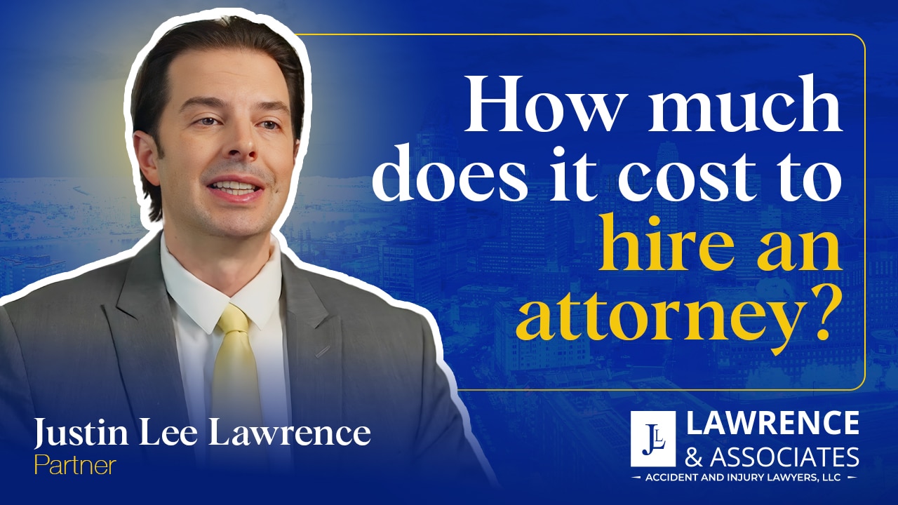 Attorney Justin Lawrence headshot over thumbnail text "how much does it cost to hire an attorney?"