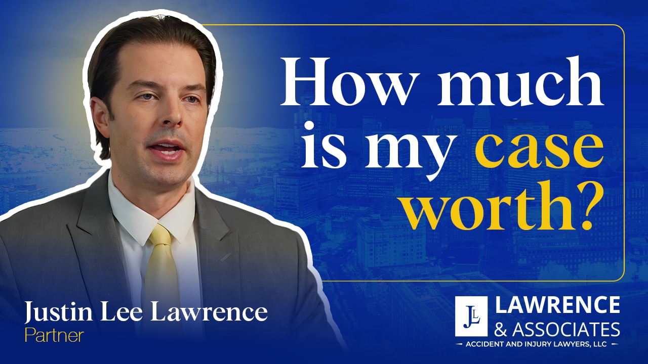 Attorney Justin Lee Lawrence headshot over thumbnail text, "How much is my case worth?"