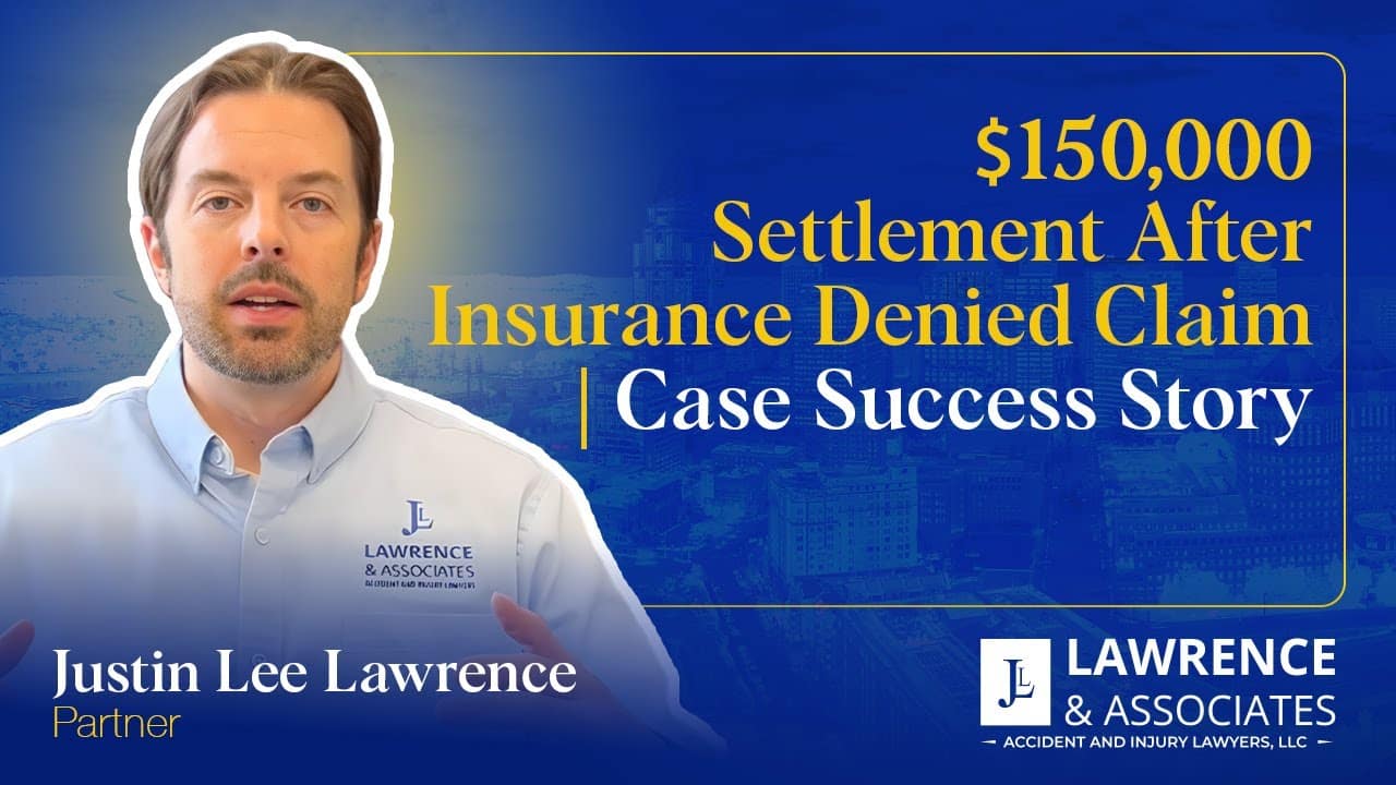 Attorney Justin Lee Lawrence headshot over thumbnail text: "$150,000 Settlement After Insurance Denied Claim | Case Success Story"
