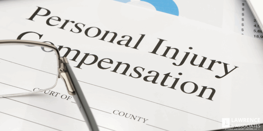 Closeup of paperwork with the words "personal injury compensation" on it with glasses on top of the paper