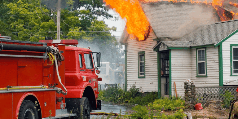 Fire truck on scene in front of a burning house
