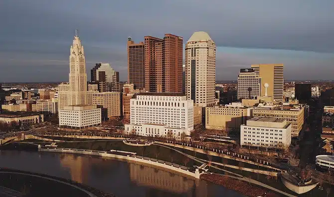 Aerial view of Columbus, Ohio during golden hour