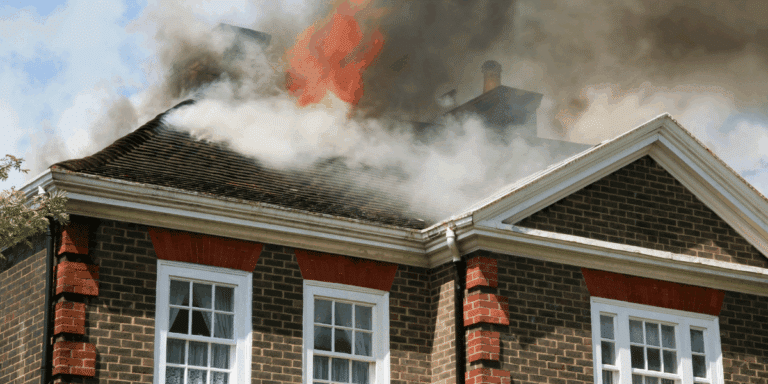 House on fire with smoke billowing from it
