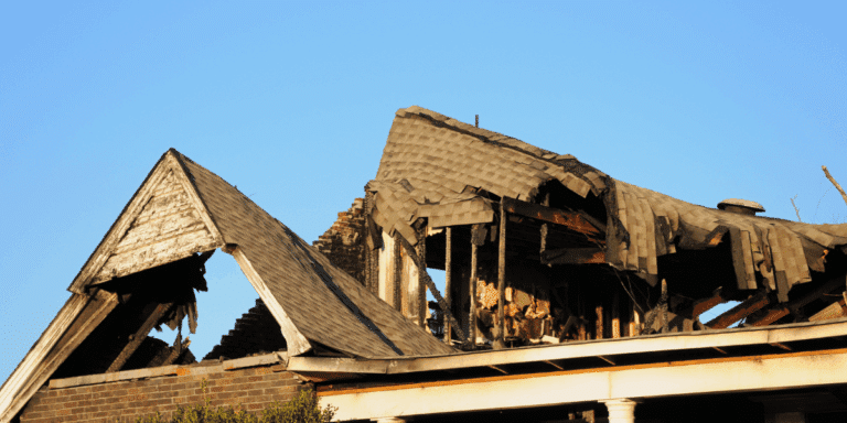 Exterior shot of roof that suffered fire damage