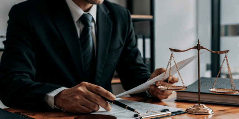 Close up of lawyer at desk looking at paperwork