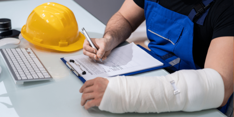 Close up of construction worker with a broken arm filling out workers compensation form
