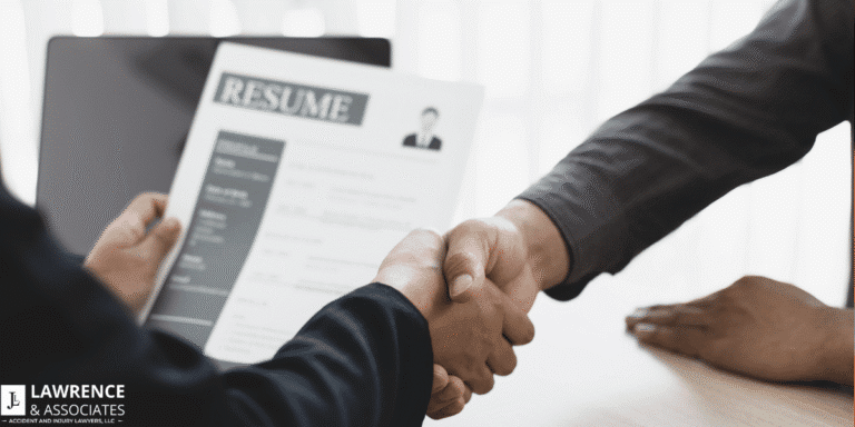 Close up of people shaking hands with one of them holding a resume